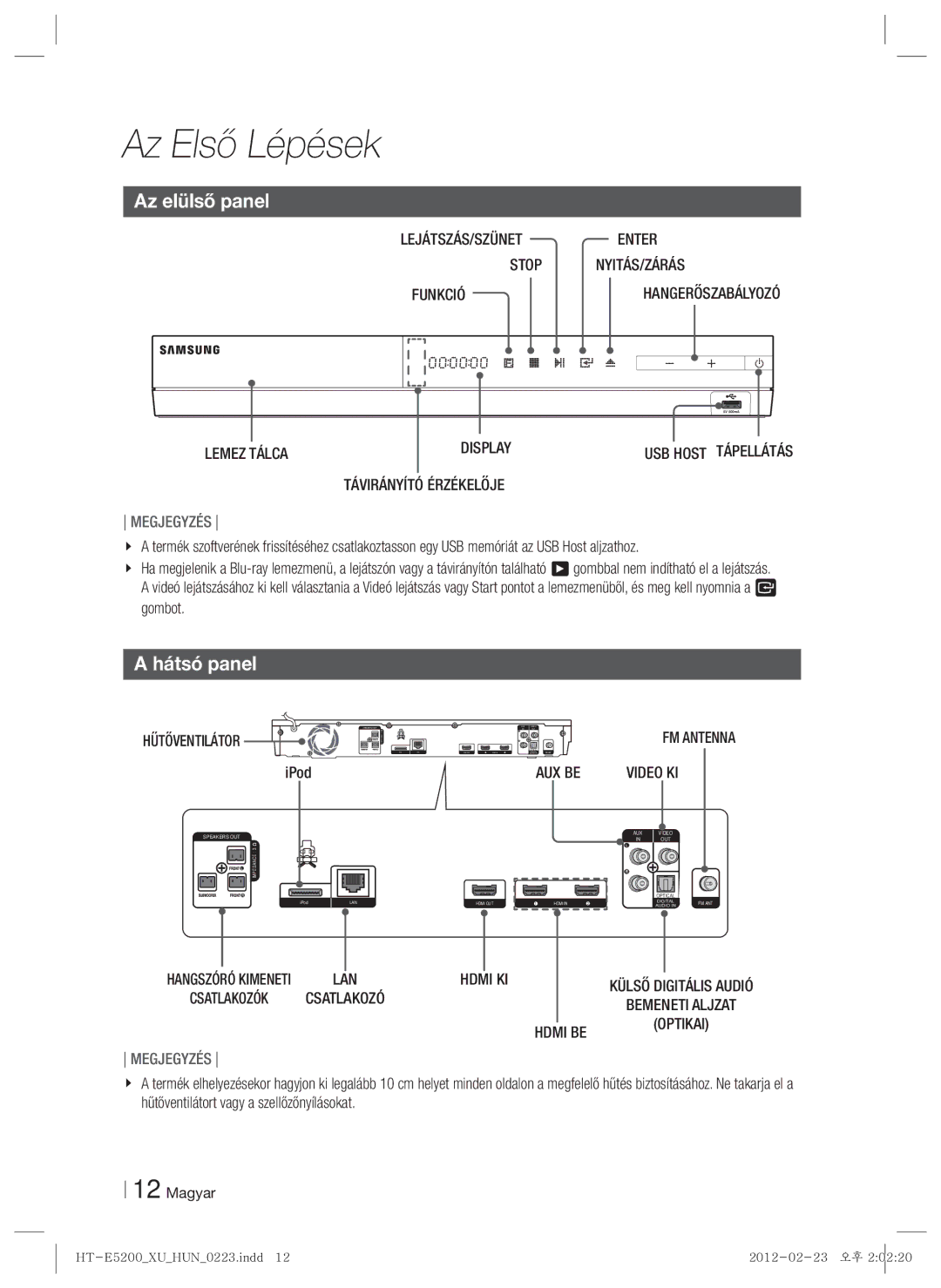 Samsung HT-E5200/EN manual Az elülső panel, Hátsó panel 