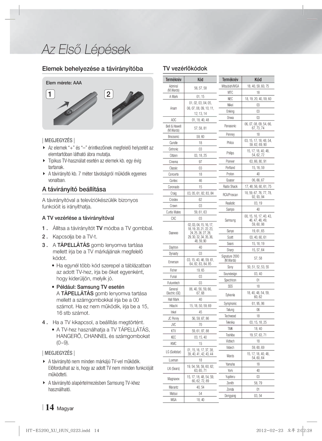 Samsung HT-E5200/EN Elemek behelyezése a távirányítóba, Távirányító beállítása, TV vezérlőkódok, Elem mérete AAA, Kód 