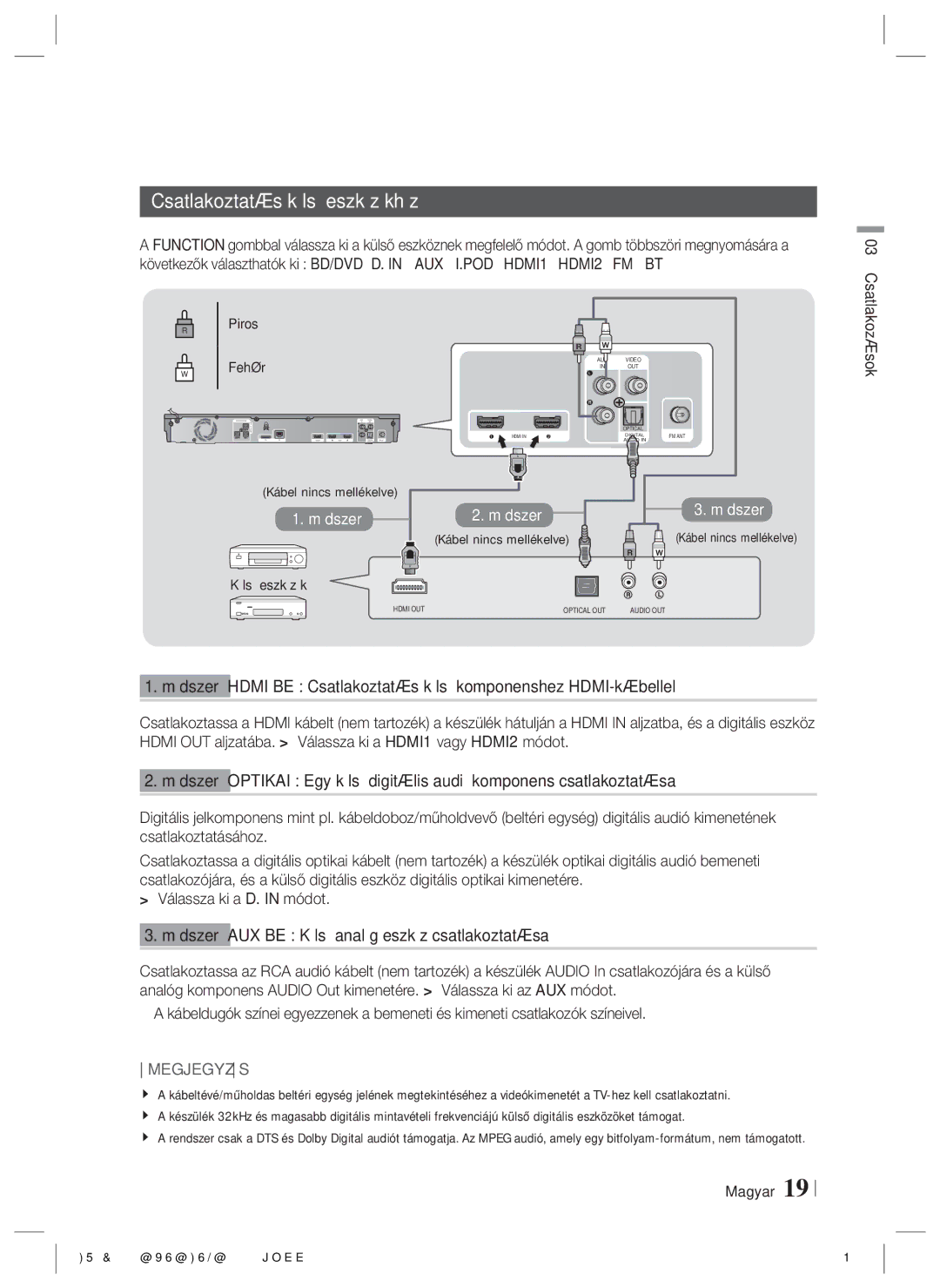 Samsung HT-E5200/EN manual Csatlakoztatás külső eszközökhöz, Piros, Fehér Kábel nincs mellékelve, Külső eszközök 