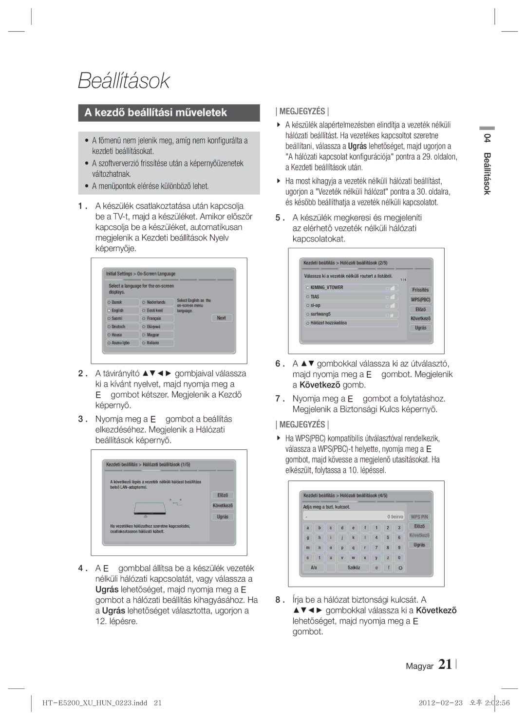 Samsung HT-E5200/EN manual Kezdő beállítási műveletek, Magyar 04 Beállítások 