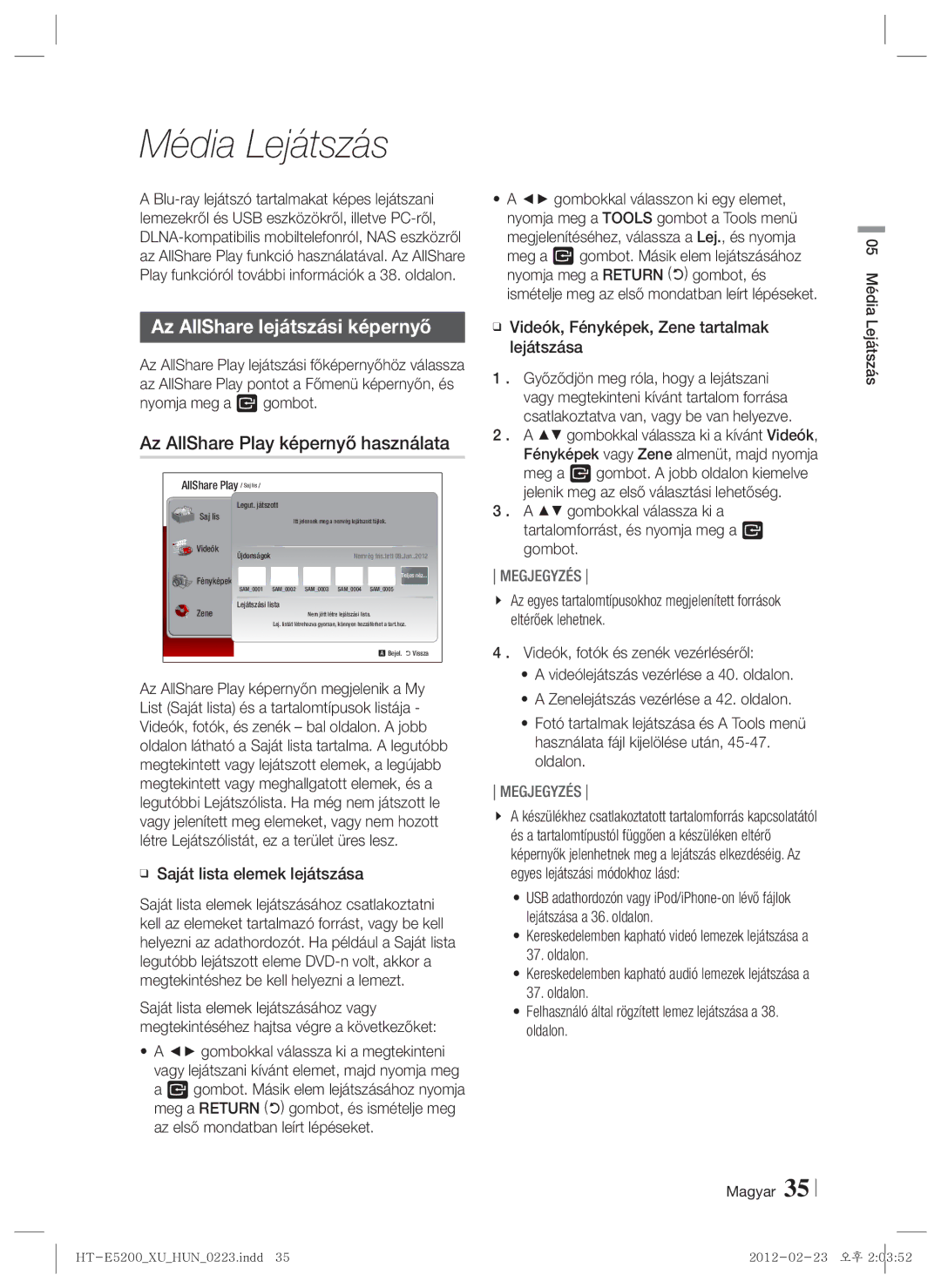 Samsung HT-E5200/EN manual Média Lejátszás, Az AllShare lejátszási képernyő, Az AllShare Play képernyő használata 