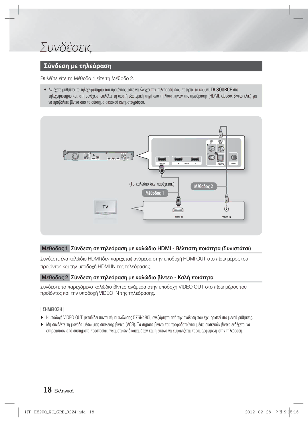 Samsung HT-E5200/EN manual Σύνδεση με τηλεόραση, Επιλέξτε είτε τη Μέθοδο 1 είτε τη Μέθοδο, 18 Ελληνικά 