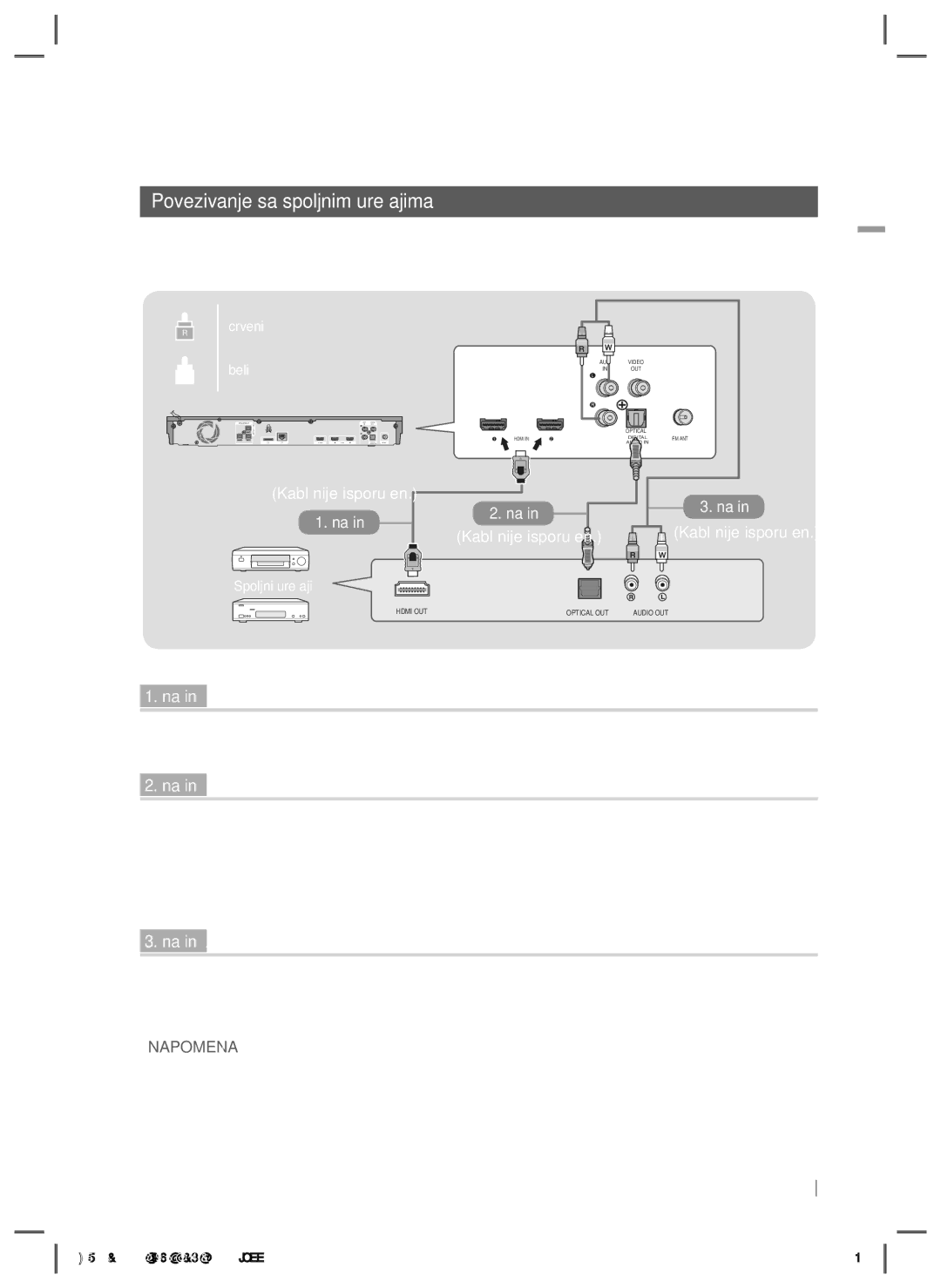 Samsung HT-E5200/EN manual Povezivanje sa spoljnim uređajima, Kabl nije isporučen, Crveni, Beli, Spoljni uređaji 