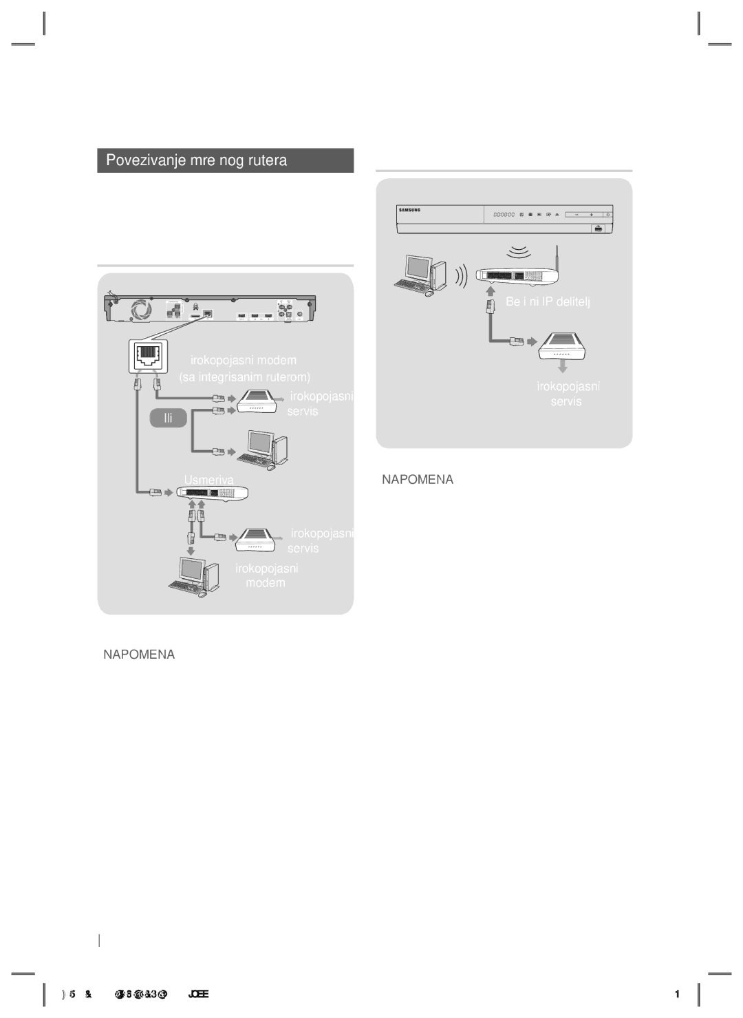 Samsung HT-E5200/EN manual Povezivanje mrežnog rutera, Kablovska mreža, Širokopojasni modem, Servis Usmerivač 