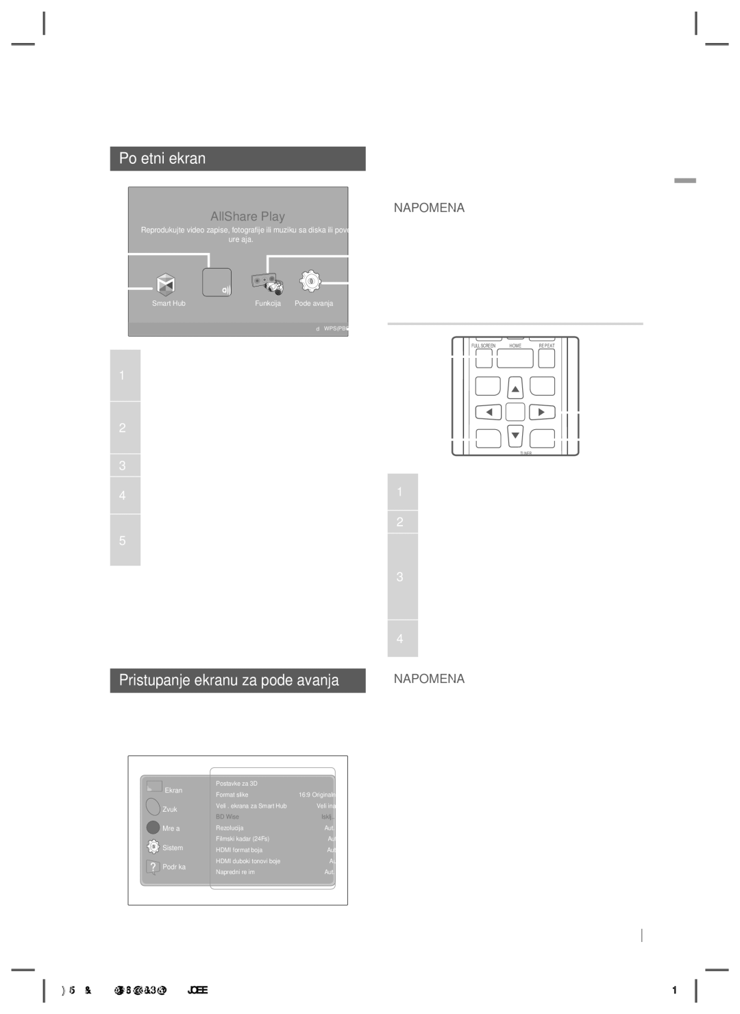 Samsung HT-E5200/EN manual Početni ekran, Pristupanje ekranu za podešavanja, Detaljne informacije o funkcijama 