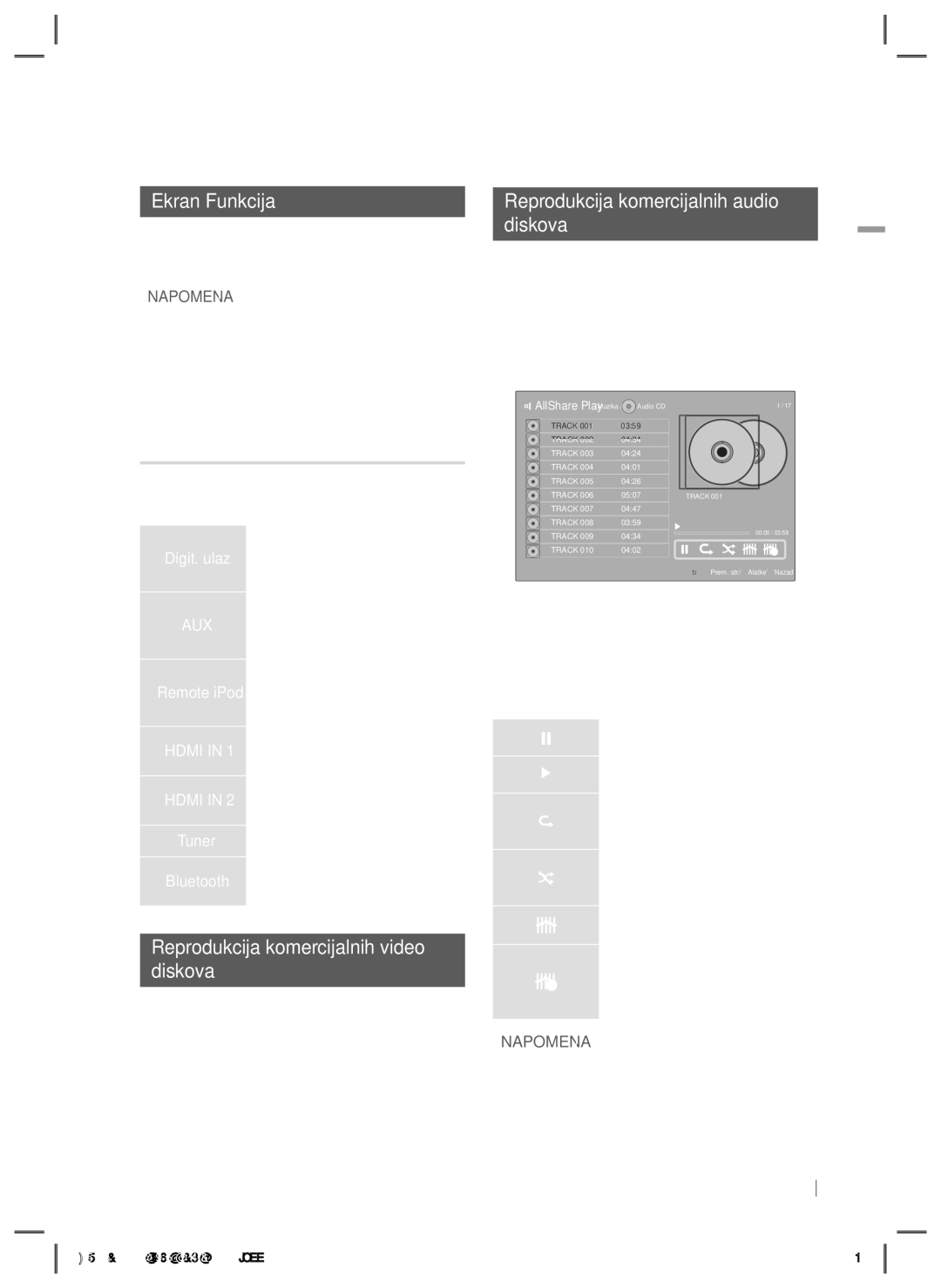 Samsung HT-E5200/EN manual Ekran Funkcija, Opcije na ekranu Funkcija, Reprodukcija komercijalnih audio Diskova 