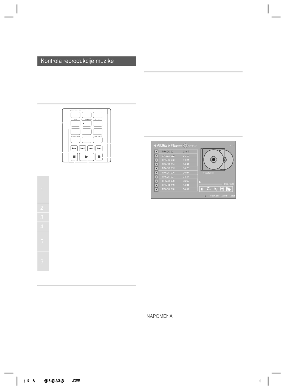 Samsung HT-E5200/EN manual Kontrola reprodukcije muzike, Tasteri na daljinskom upravljaču za reprodukciju muzike 