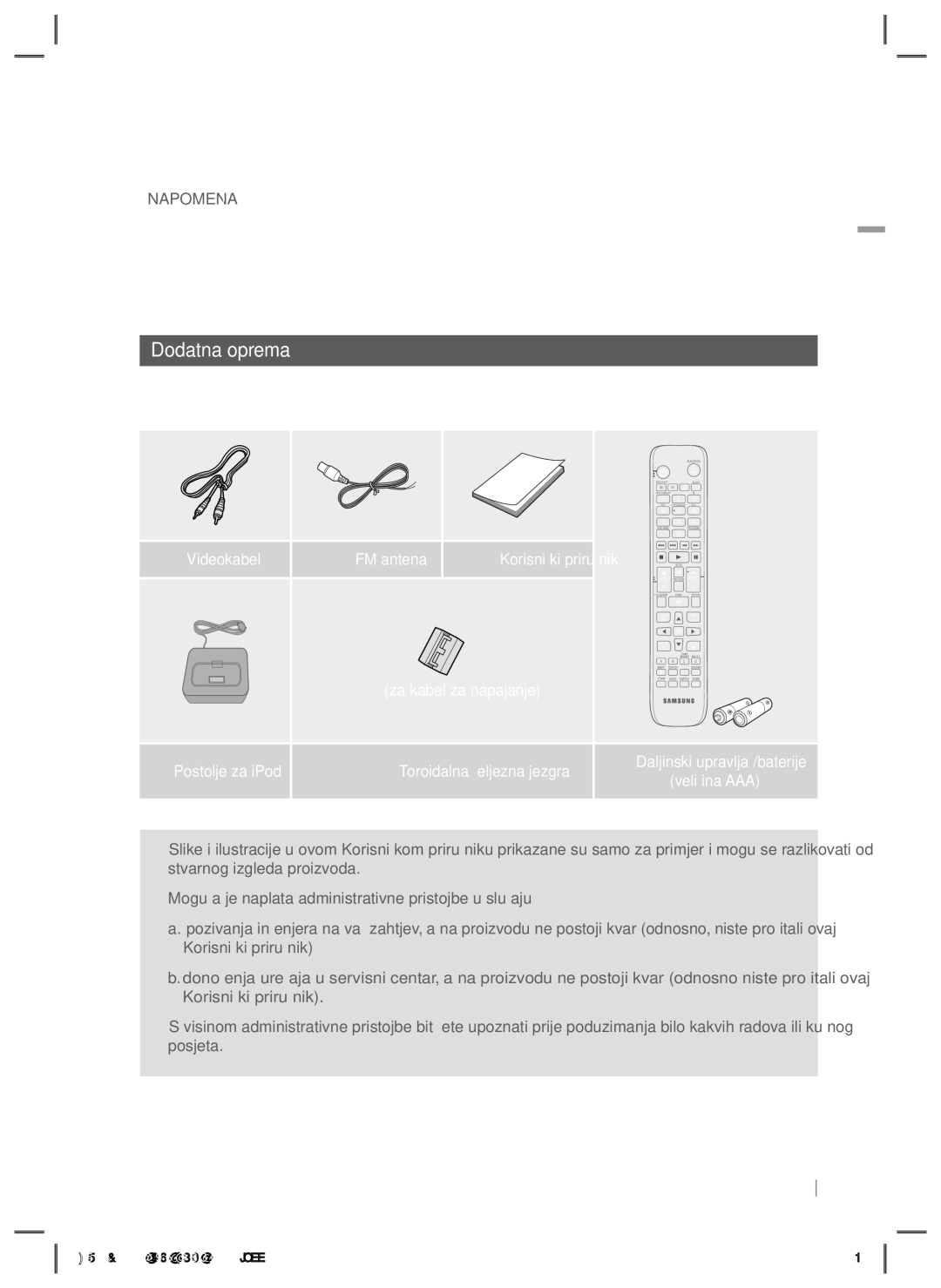 Samsung HT-E5200/EN Dodatna oprema, Provjerite dolje navedenu isporučenu dodatnu opremu, FM antena Korisnički priručnik 