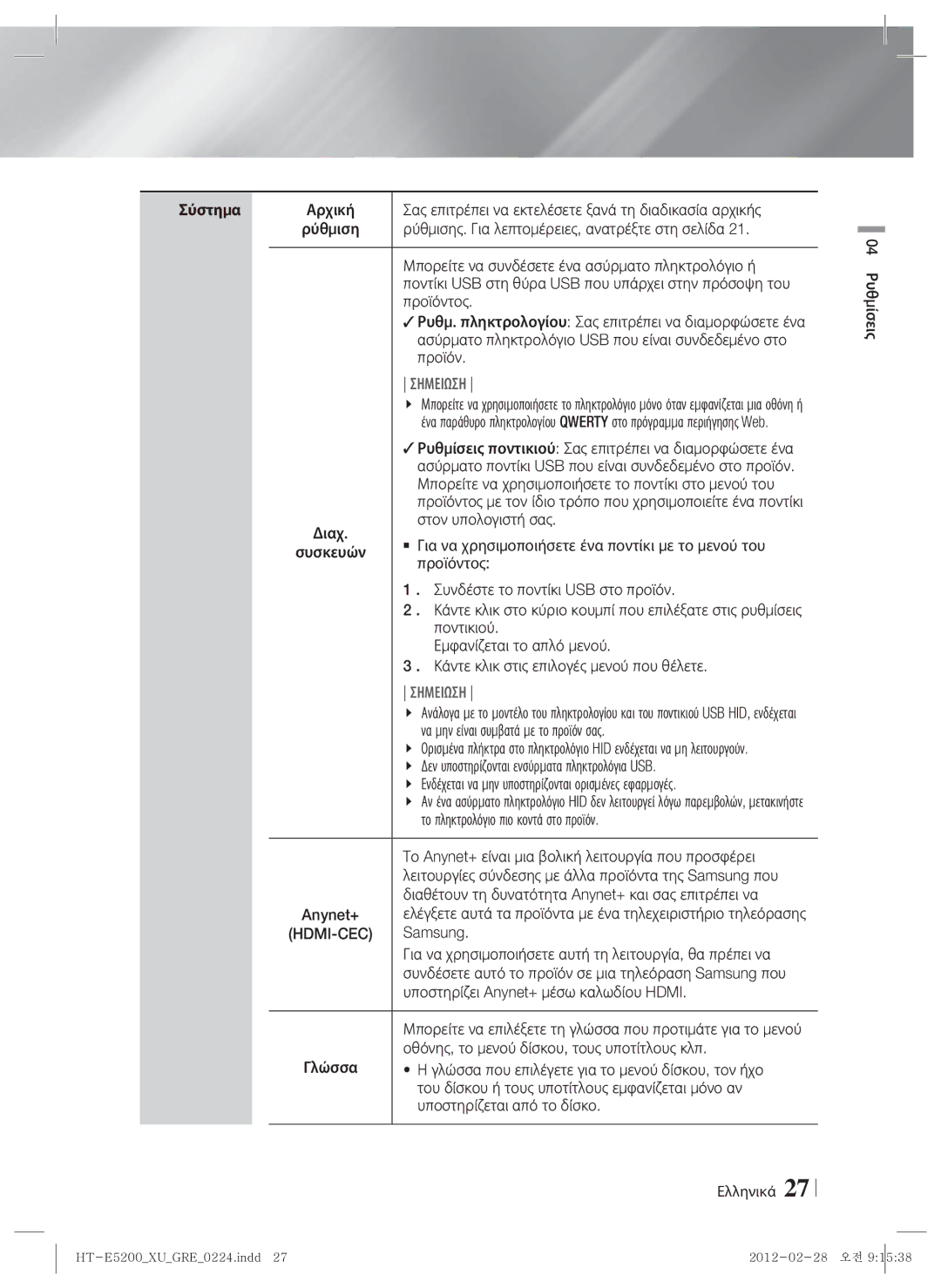 Samsung HT-E5200/EN manual Σύστημα, Hdmi-Cec 