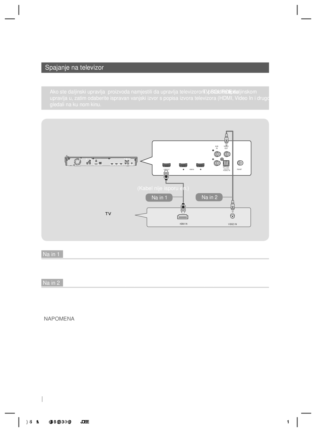 Samsung HT-E5200/EN manual Spajanje na televizor, Kabel nije isporučen 