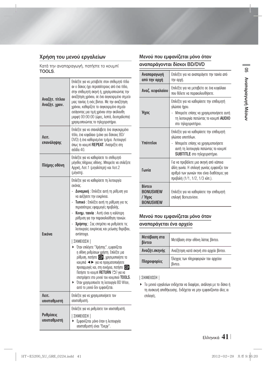 Samsung HT-E5200/EN manual Χρήση του μενού εργαλείων, Μενού που εμφανίζεται μόνο όταν Αναπαράγονται δίσκοι BD/DVD, Tools 