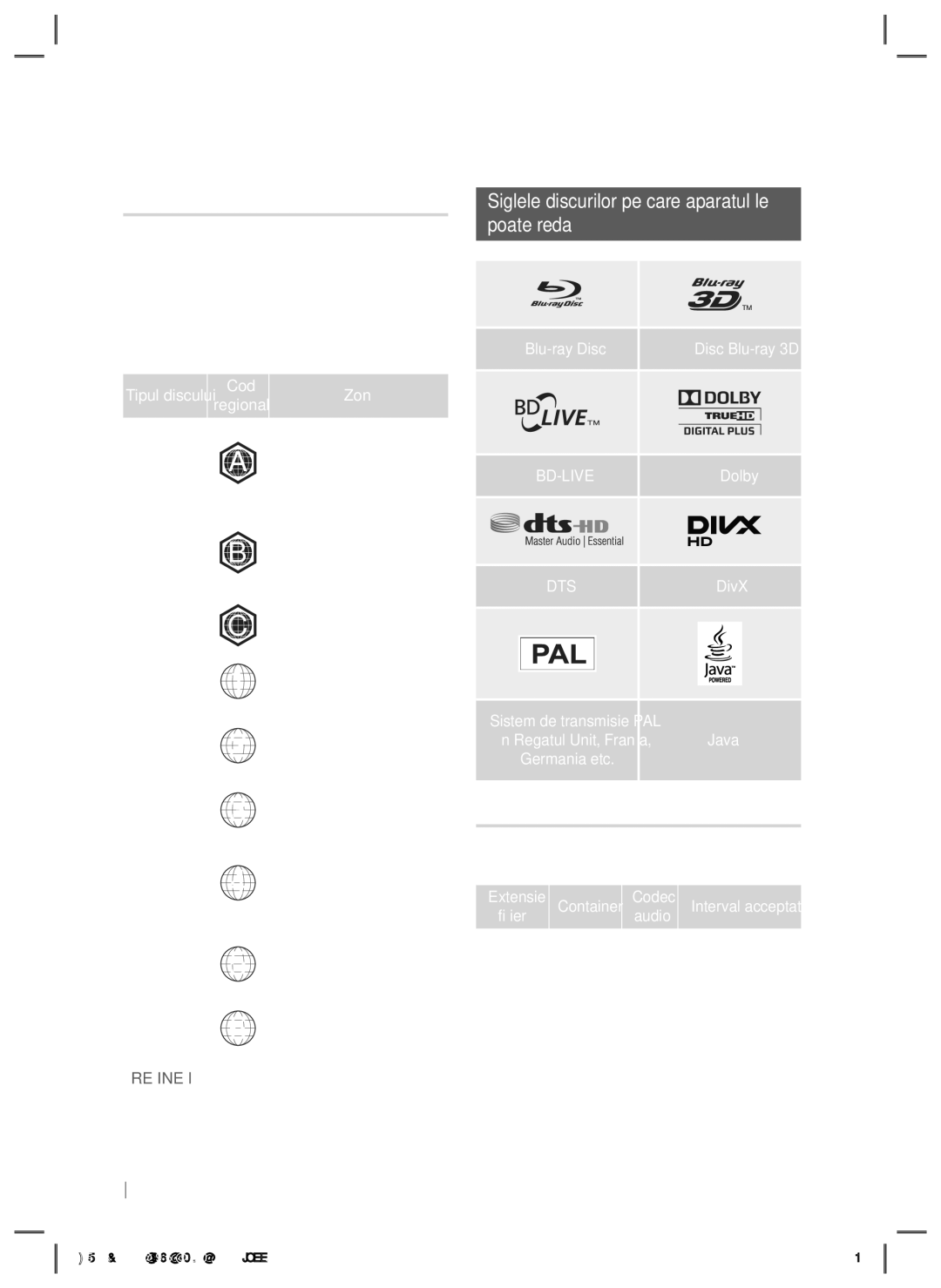 Samsung HT-E5200/EN manual Codurile regionale, Siglele discurilor pe care aparatul le Poate reda, Formate acceptate 