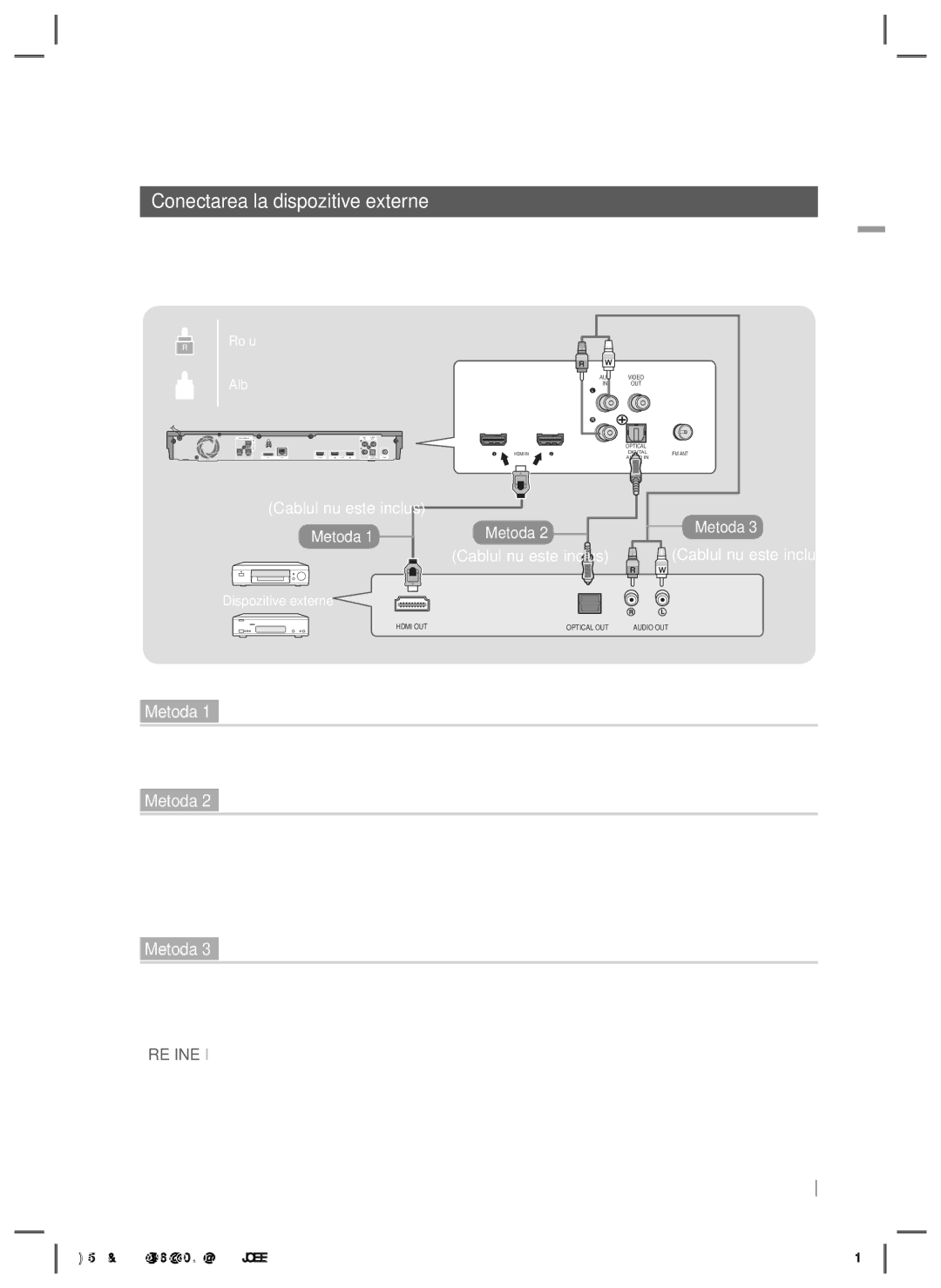 Samsung HT-E5200/EN manual Conectarea la dispozitive externe, Cablul nu este inclus, Roşu, Alb, Dispozitive externe 