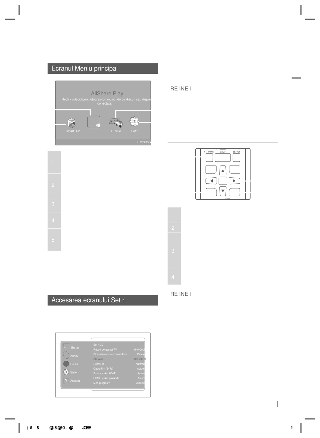 Samsung HT-E5200/EN manual Ecranul Meniu principal, Accesarea ecranului Setări 