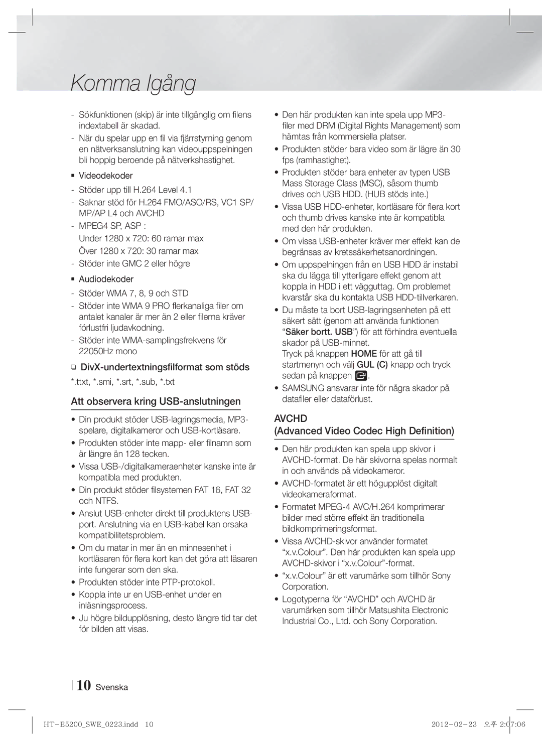 Samsung HT-E5200/XE manual Att observera kring USB-anslutningen, Advanced Video Codec High Definition, MPEG4 SP, ASP 