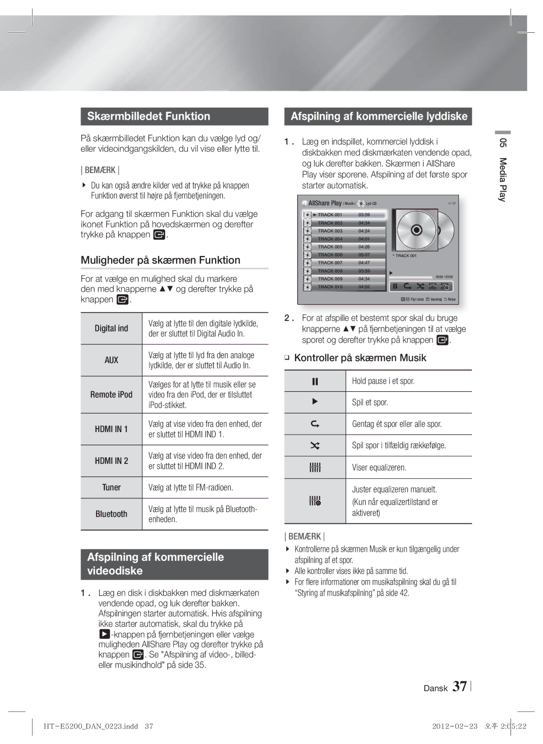 Samsung HT-E5200/XE manual Skærmbilledet Funktion, Muligheder på skærmen Funktion, Afspilning af kommercielle lyddiske 