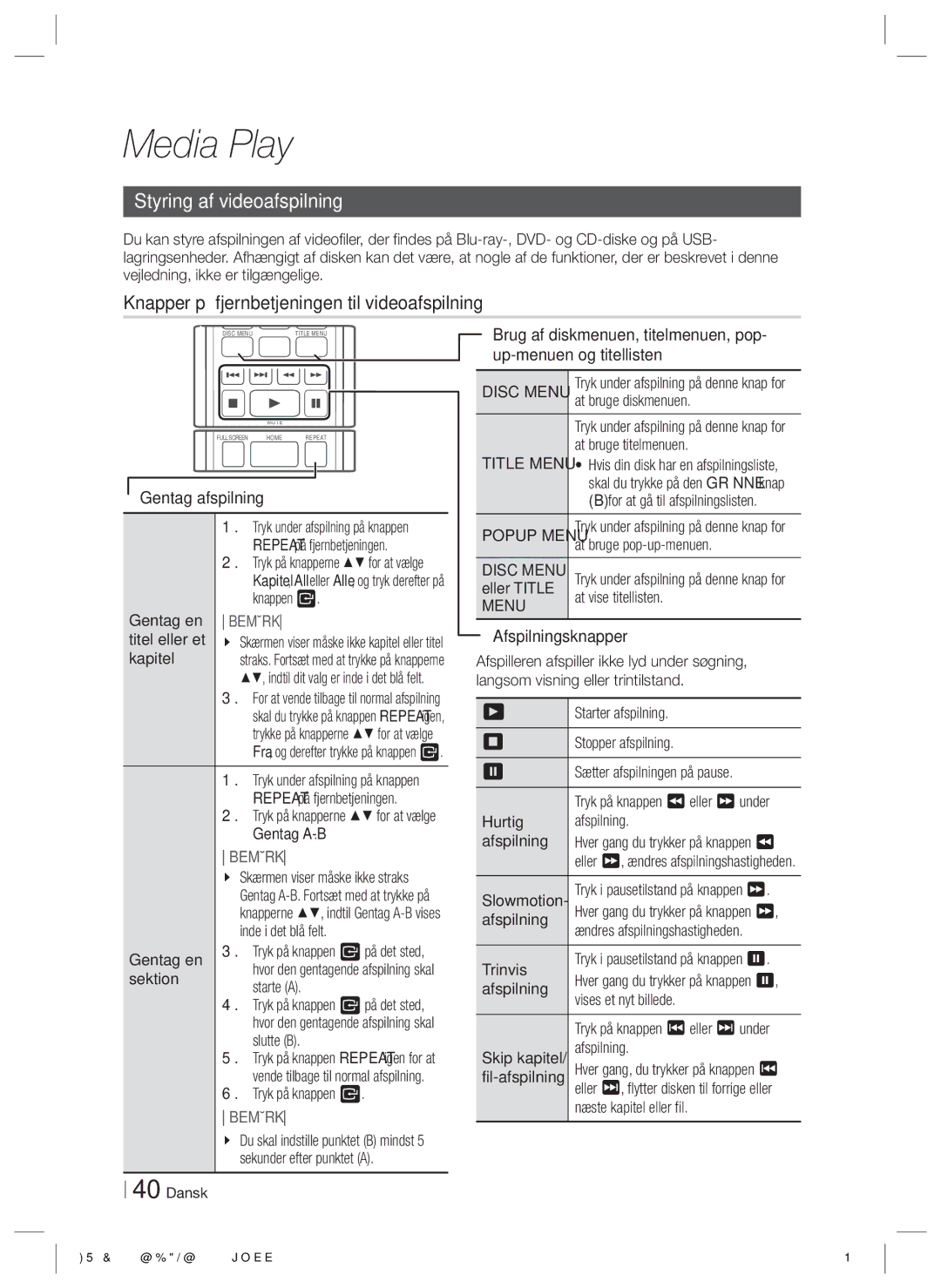 Samsung HT-E5200/XE manual Styring af videoafspilning, Knapper på fjernbetjeningen til videoafspilning 