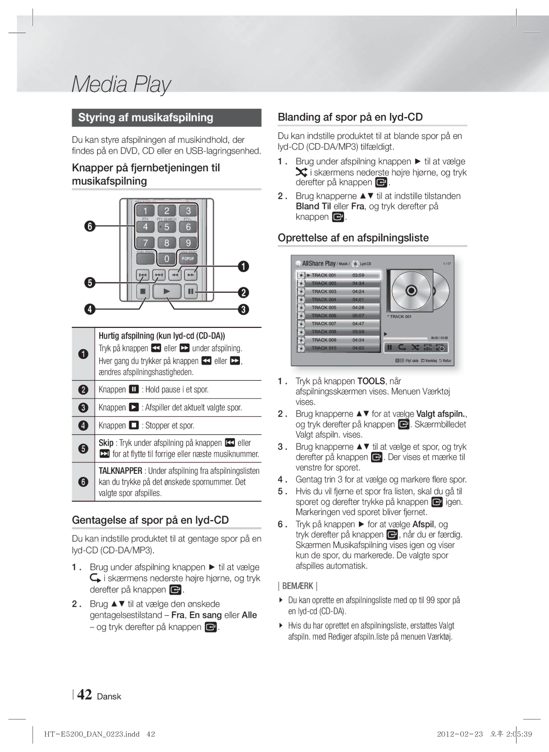 Samsung HT-E5200/XE manual Styring af musikafspilning, Knapper på fjernbetjeningen til musikafspilning 