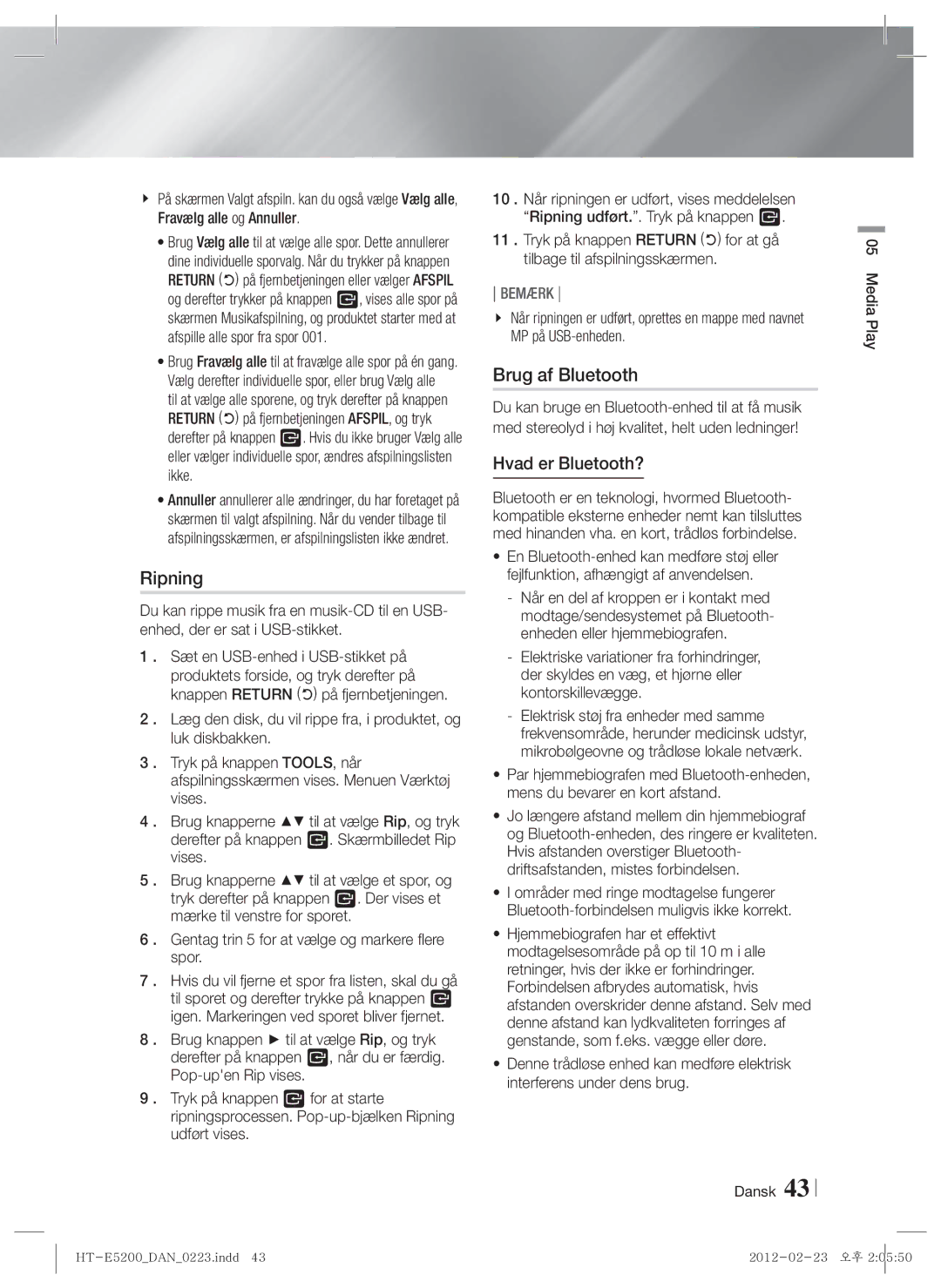 Samsung HT-E5200/XE manual Ripning, Brug af Bluetooth, Hvad er Bluetooth? 