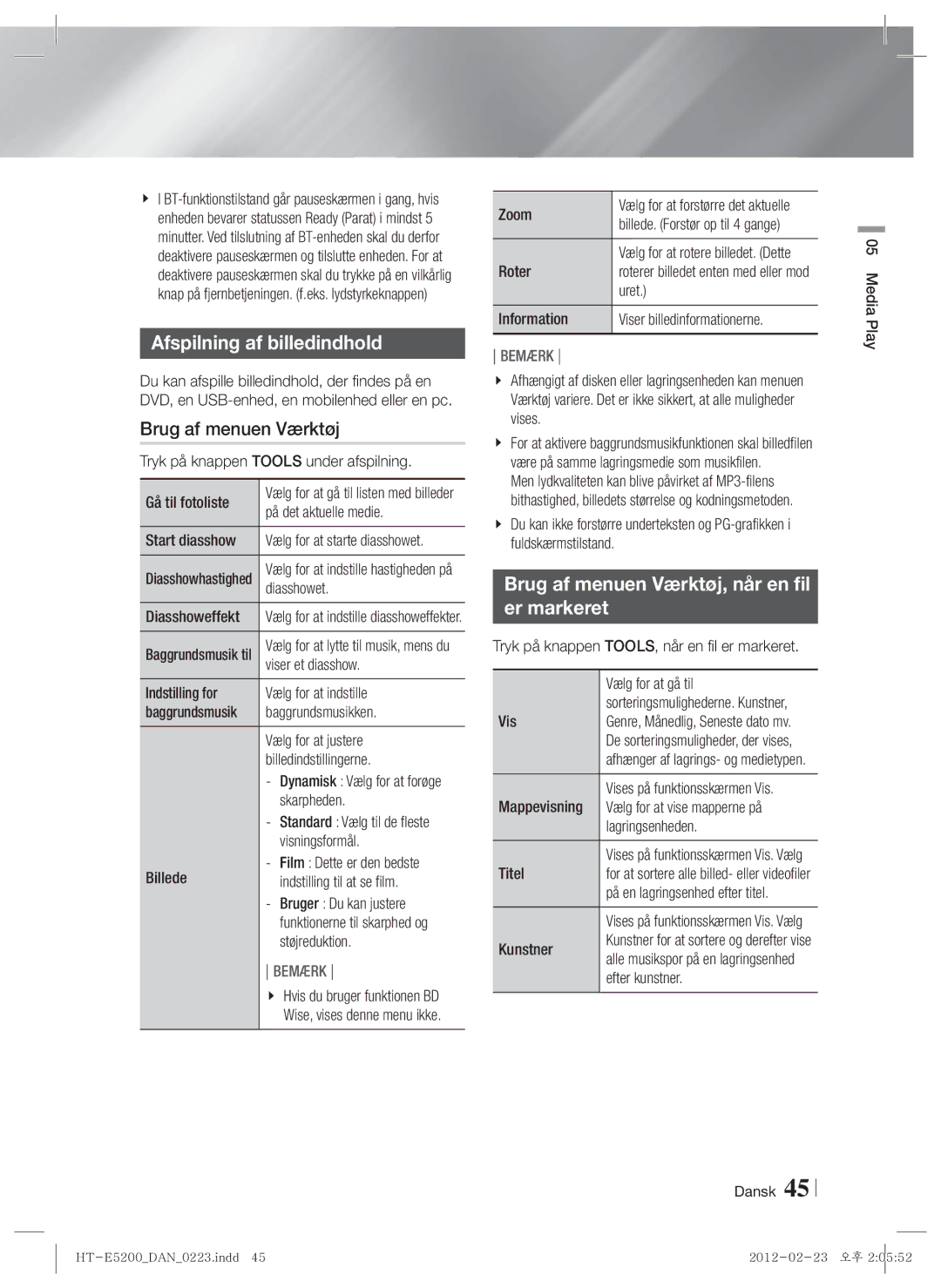 Samsung HT-E5200/XE manual Afspilning af billedindhold, Brug af menuen Værktøj, når en fil Er markeret 