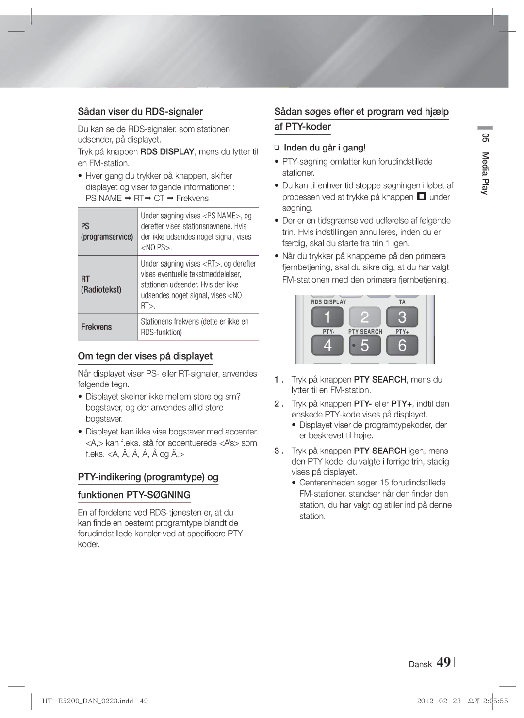 Samsung HT-E5200/XE manual Sådan viser du RDS-signaler, Om tegn der vises på displayet 