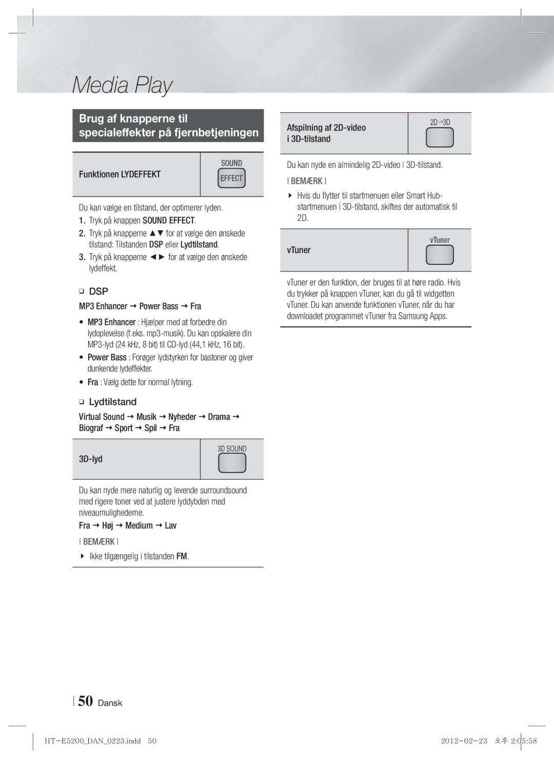 Samsung HT-E5200/XE manual Brug af knapperne til Specialeffekter på fjernbetjeningen 