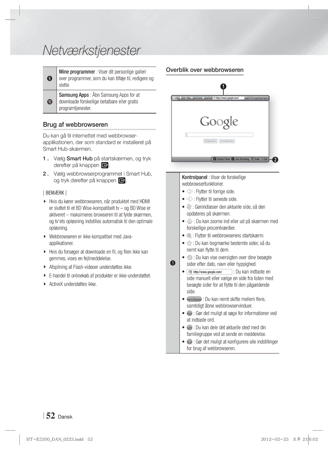 Samsung HT-E5200/XE manual Brug af webbrowseren, Overblik over webbrowseren 