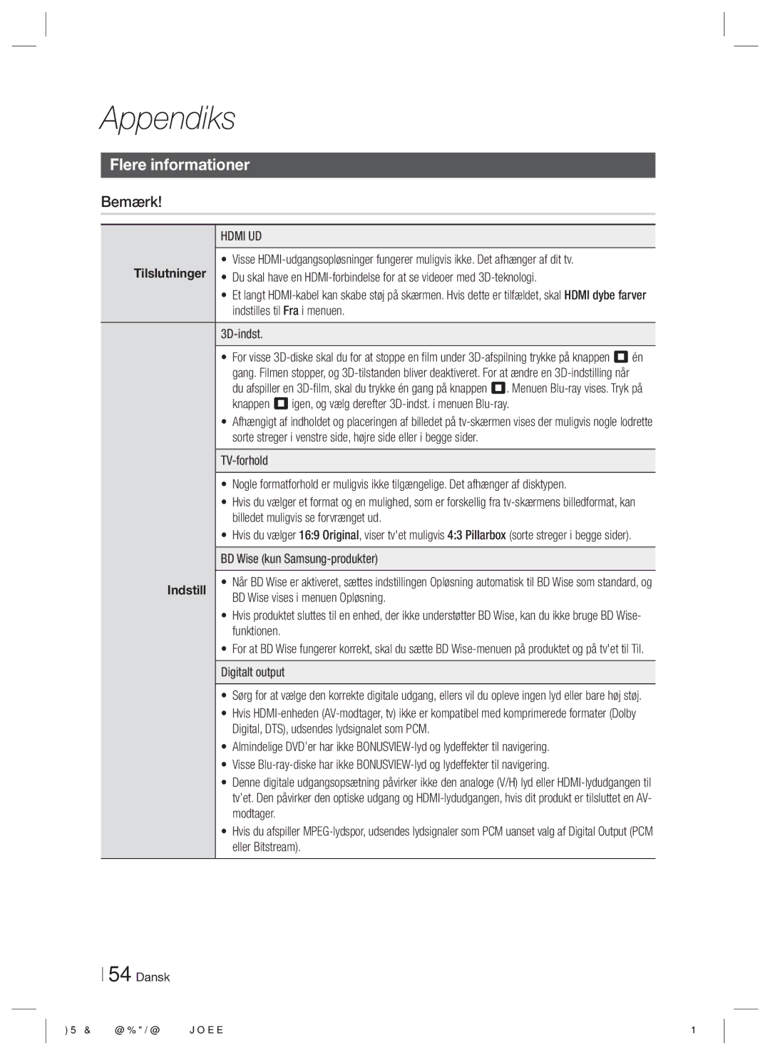 Samsung HT-E5200/XE manual Appendiks, Flere informationer, Bemærk, Indstill 