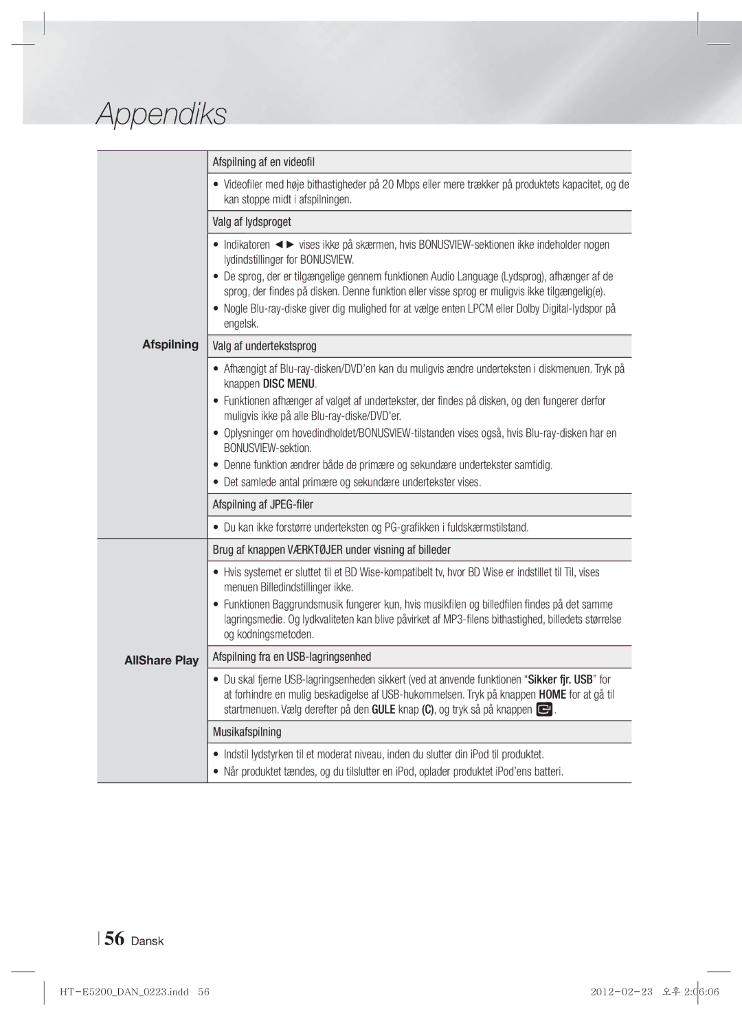 Samsung HT-E5200/XE manual Afspilning 