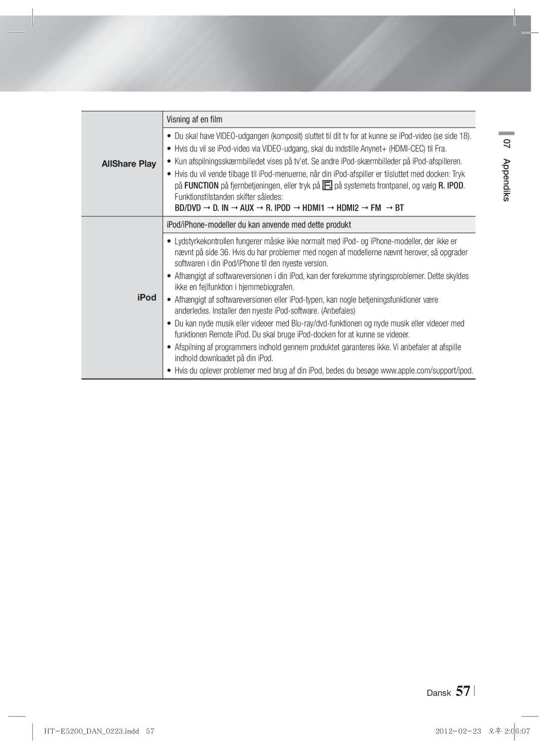 Samsung HT-E5200/XE manual Visning af en film 