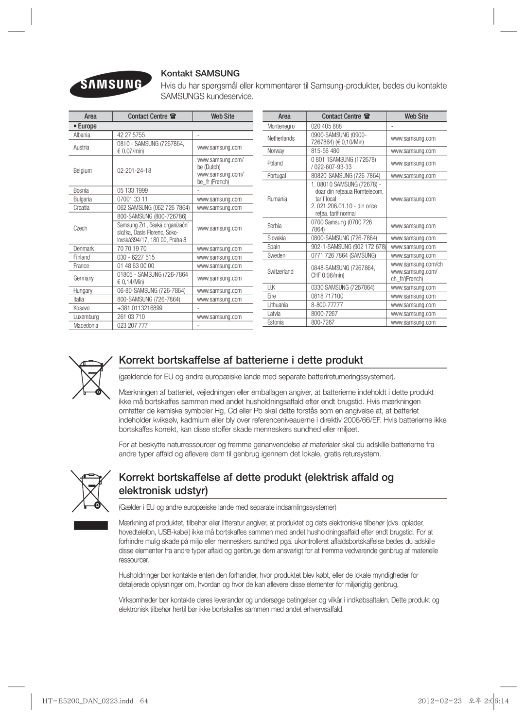 Samsung HT-E5200/XE manual Korrekt bortskaffelse af batterierne i dette produkt, Area Contact Centre  Web Site ` Europe 