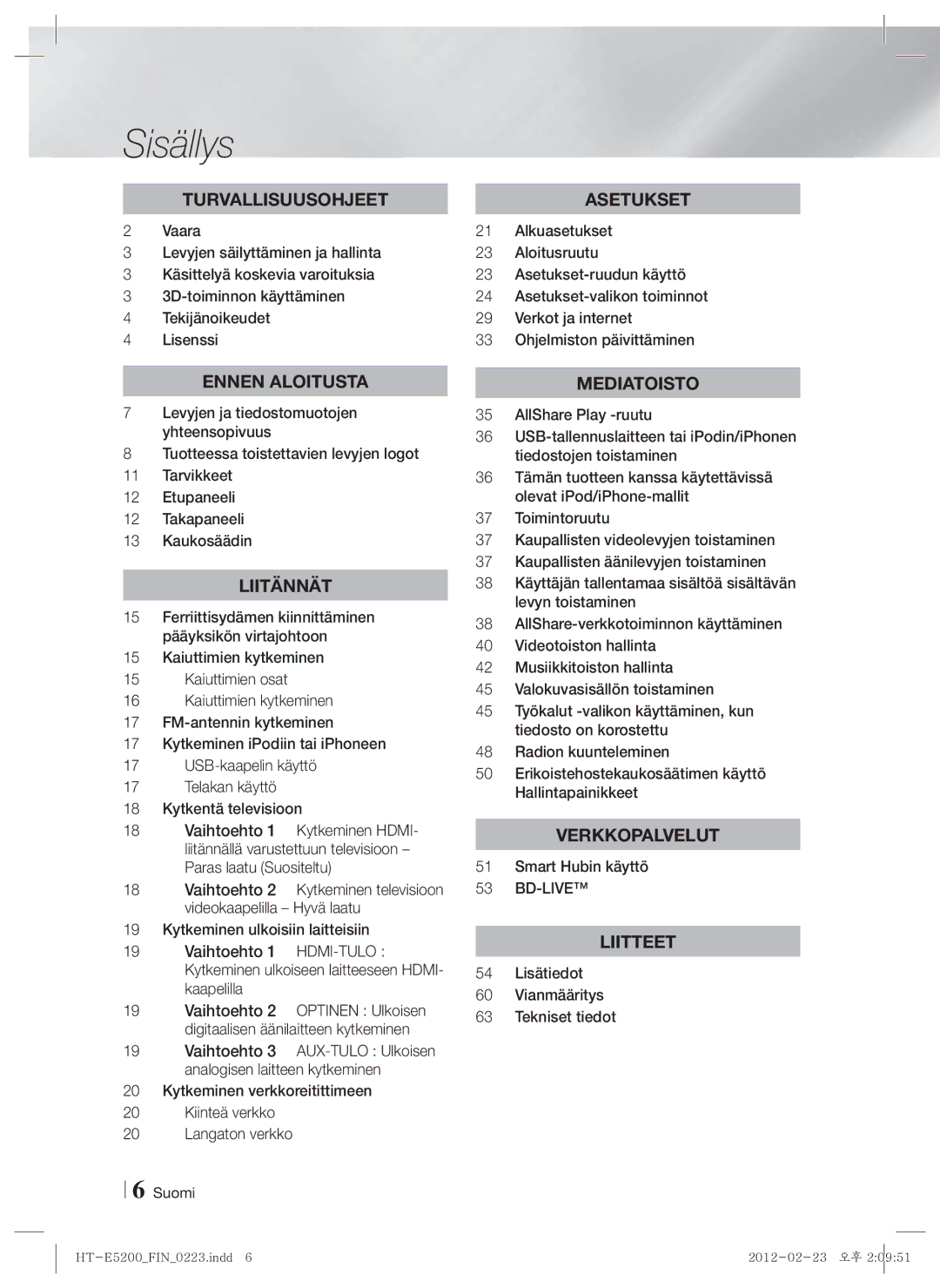 Samsung HT-E5200/XE manual Sisällys, Kaapelilla, Smart Hubin käyttö, 54 Lisätiedot Vianmääritys Tekniset tiedot 