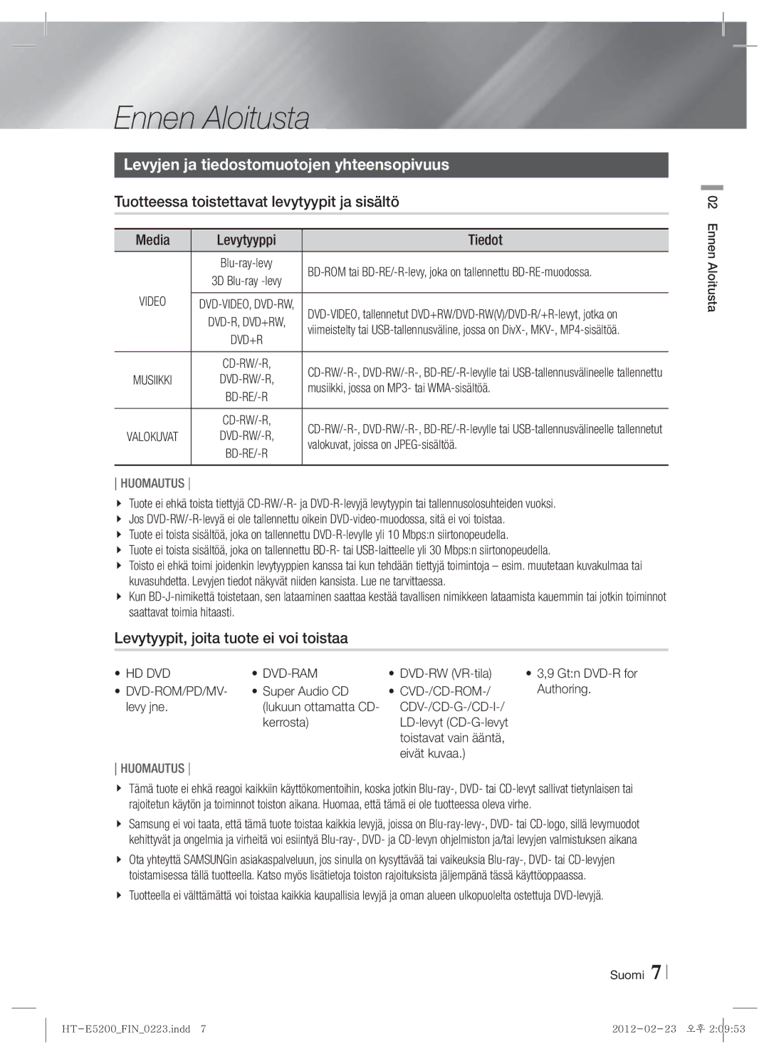 Samsung HT-E5200/XE Ennen Aloitusta, Levyjen ja tiedostomuotojen yhteensopivuus, Levytyypit, joita tuote ei voi toistaa 