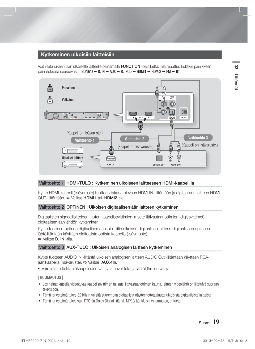 Samsung HT-E5200/XE manual Kytkeminen ulkoisiin laitteisiin, Valkoinen Kaapeli on lisävaruste, Ulkoiset laitteet 