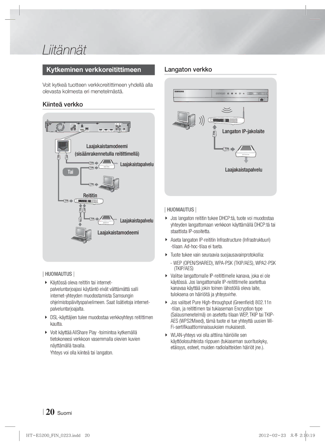 Samsung HT-E5200/XE manual Kytkeminen verkkoreitittimeen, Kiinteä verkko 