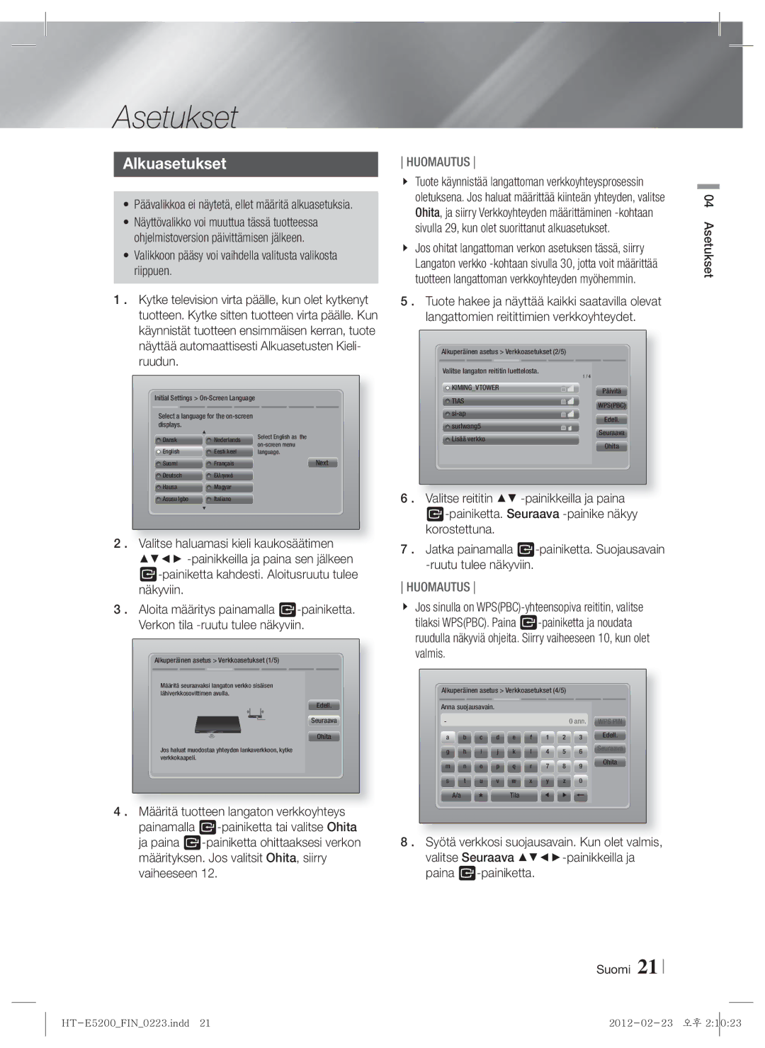 Samsung HT-E5200/XE manual Asetukset, Alkuasetukset, Valikkoon pääsy voi vaihdella valitusta valikosta riippuen 