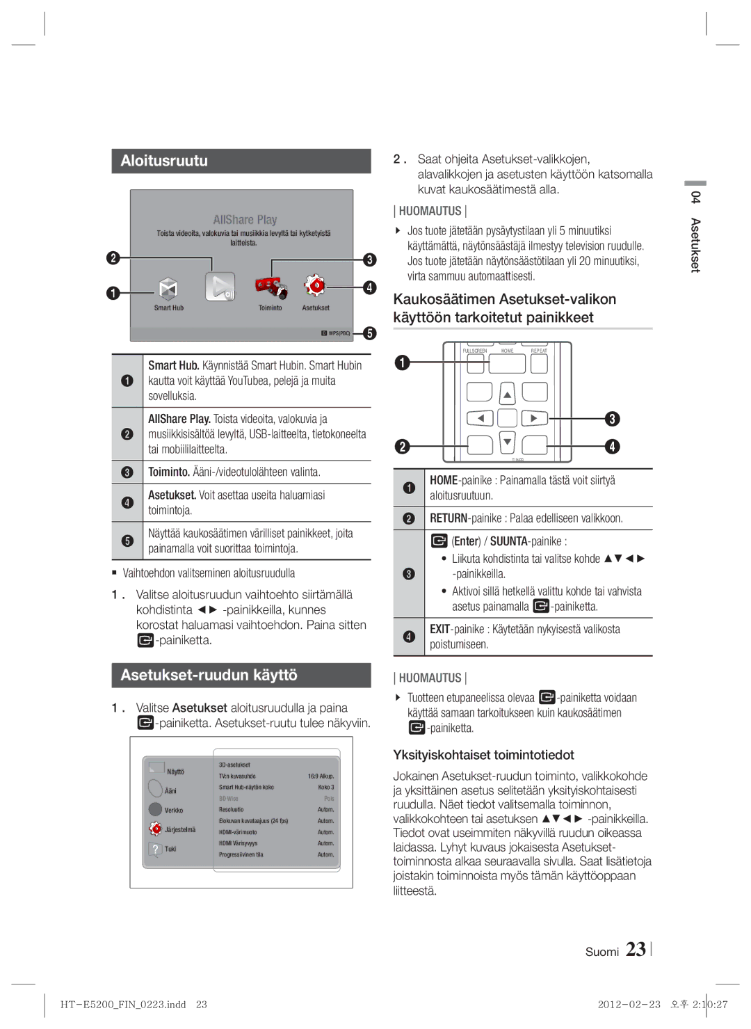 Samsung HT-E5200/XE manual Aloitusruutu, Asetukset-ruudun käyttö, Painikkeilla, Yksityiskohtaiset toimintotiedot 