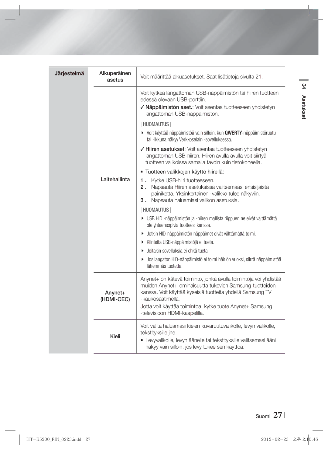 Samsung HT-E5200/XE manual Edessä olevaan USB-porttiin, Langattoman USB-näppäimistön, Ole yhteensopivia tuotteesi kanssa 