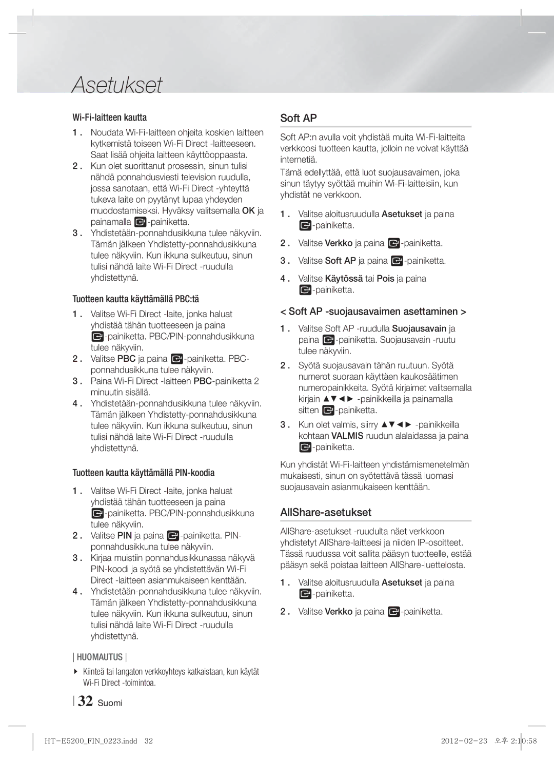 Samsung HT-E5200/XE manual AllShare-asetukset, Soft AP -suojausavaimen asettaminen 