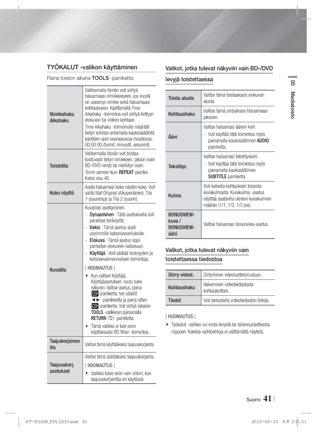 Samsung HT-E5200/XE manual Työkalut -valikon käyttäminen 