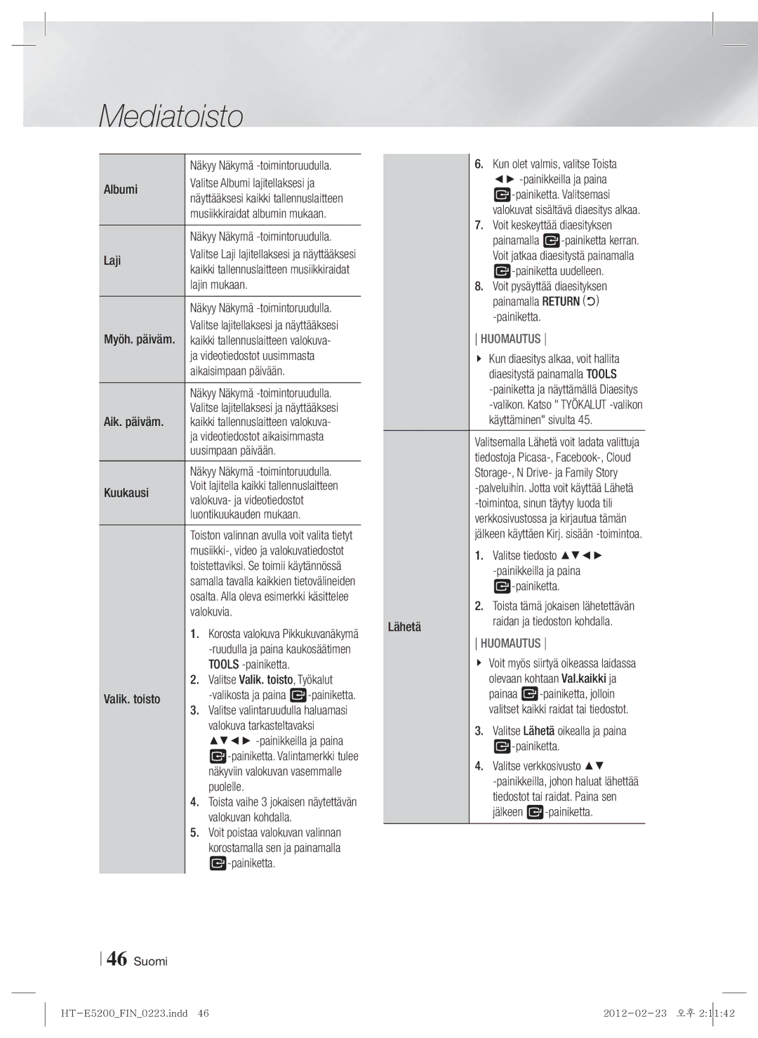 Samsung HT-E5200/XE manual Painiketta. Valitsemasi, Painiketta uudelleen, Lajin mukaan, Painamalla Return, Aik. päiväm 