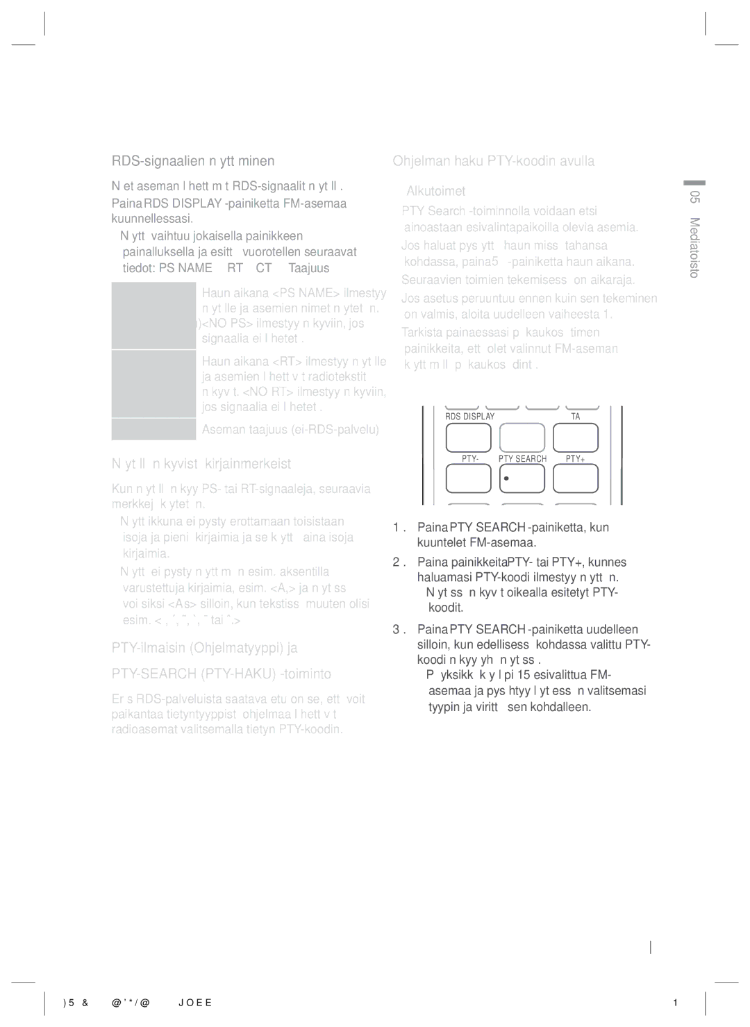 Samsung HT-E5200/XE manual RDS-signaalien näyttäminen, Näytöllä näkyvistä kirjainmerkeistä, Ohjelman haku PTY-koodin avulla 