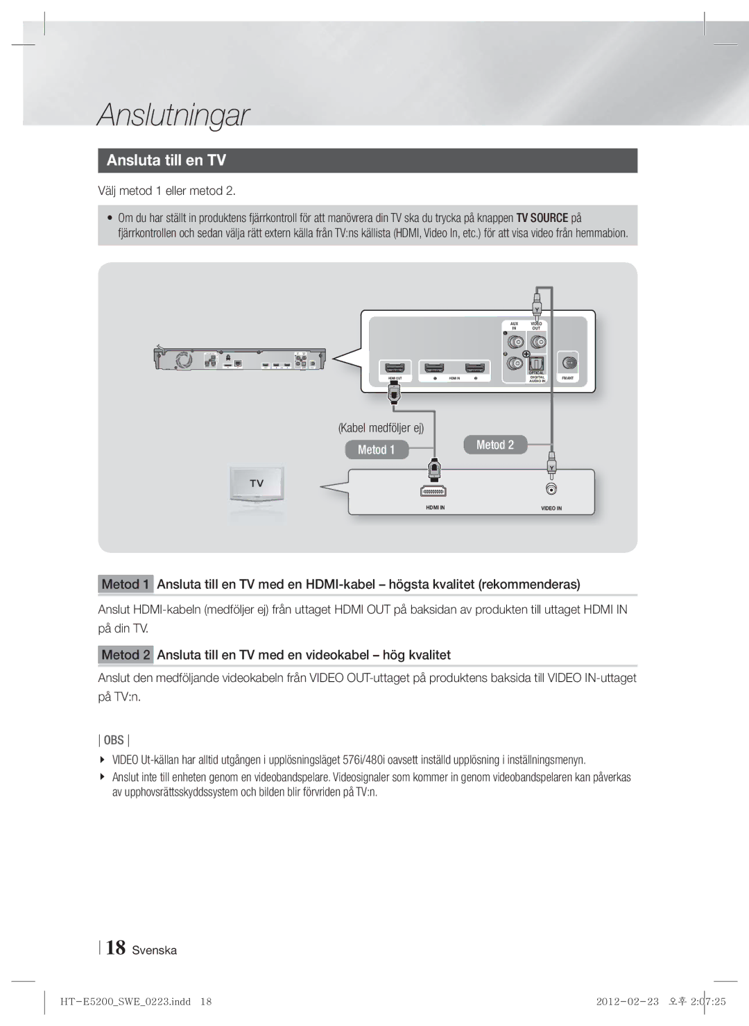 Samsung HT-E5200/XE manual Ansluta till en TV, Välj metod 1 eller metod, Kabel medföljer ej 