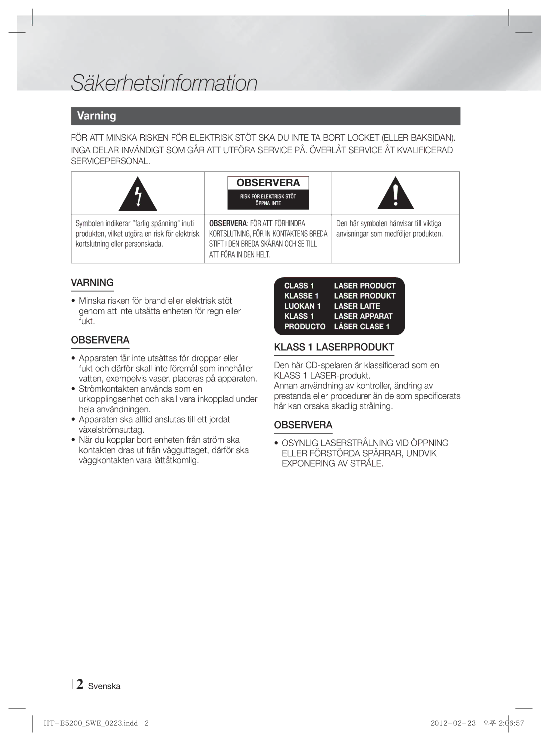 Samsung HT-E5200/XE manual Säkerhetsinformation, Varning 