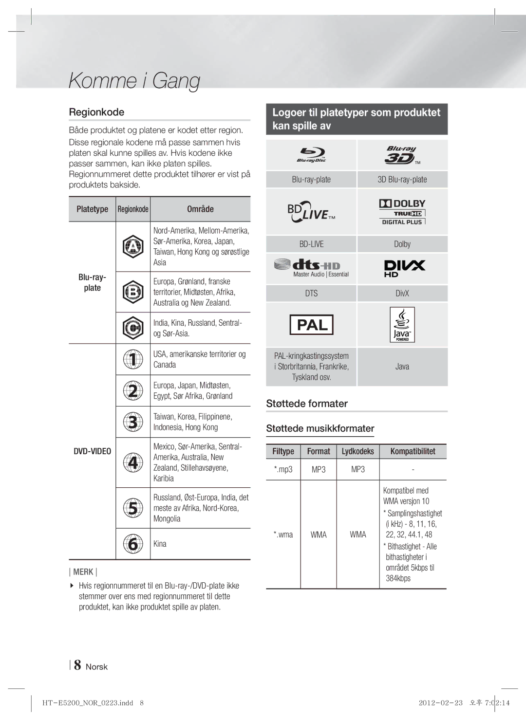 Samsung HT-E5200/XE manual Regionkode, Logoer til platetyper som produktet Kan spille av, Støttede formater 