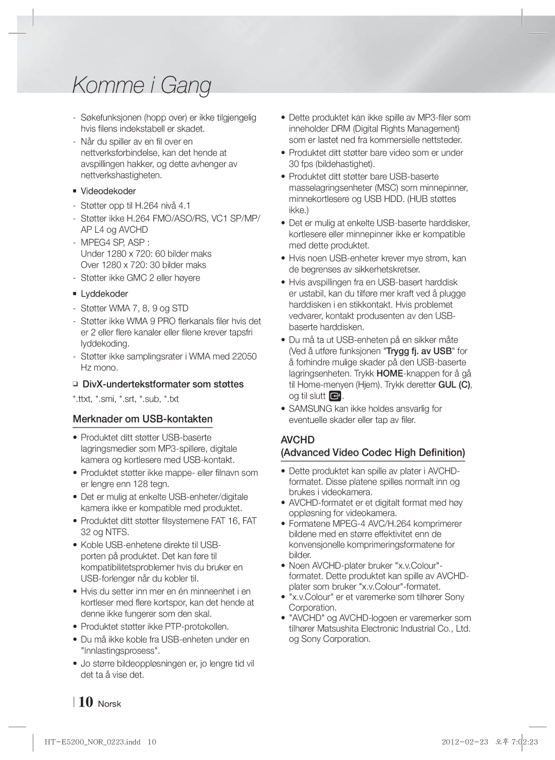 Samsung HT-E5200/XE manual Merknader om USB-kontakten, Colour er et varemerke som tilhører Sony Corporation 