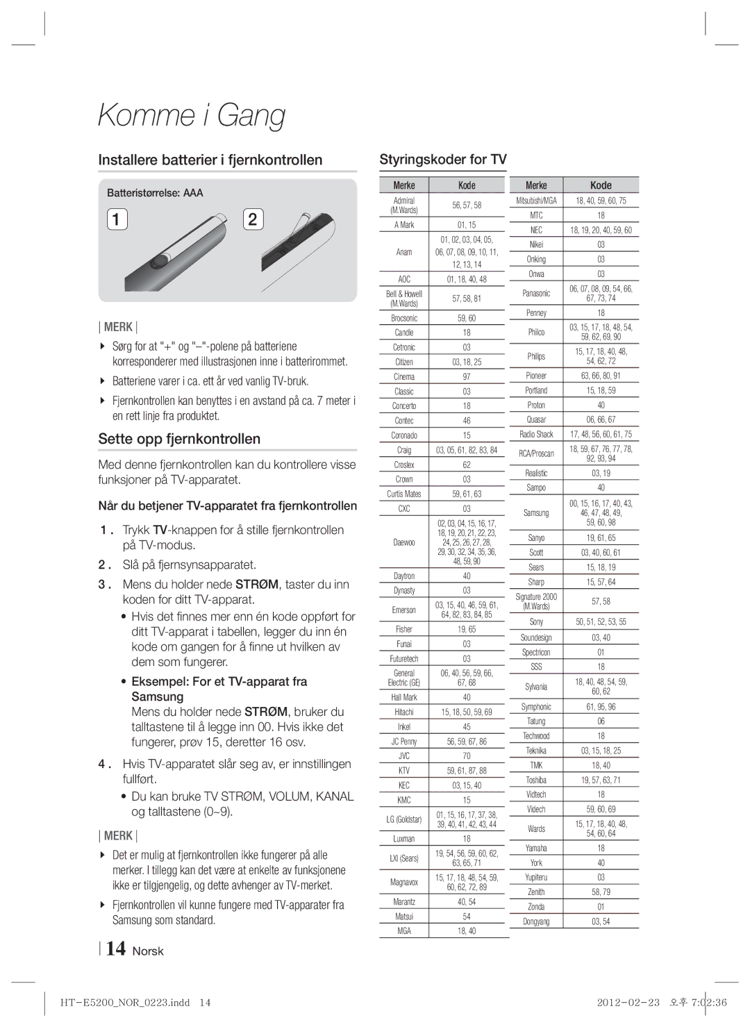 Samsung HT-E5200/XE Installere batterier i fjernkontrollen, Sette opp fjernkontrollen, Styringskoder for TV, Merke Kode 