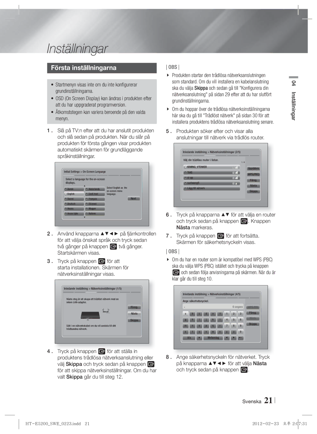 Samsung HT-E5200/XE manual Inställningar, Första inställningarna, Åtkomststegen kan variera beroende på den valda menyn 