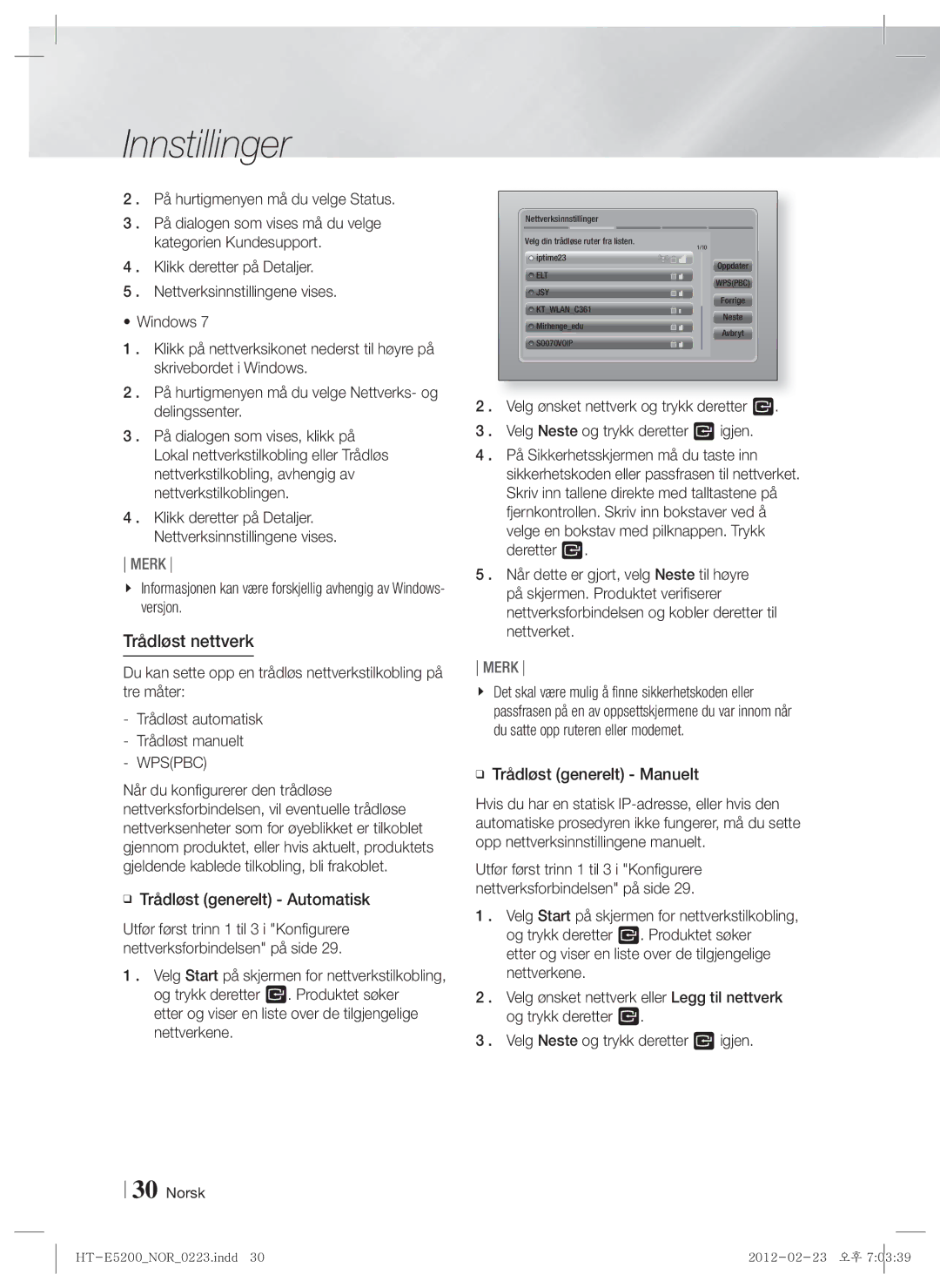 Samsung HT-E5200/XE manual Trådløst nettverk, Trådløst generelt Automatisk 