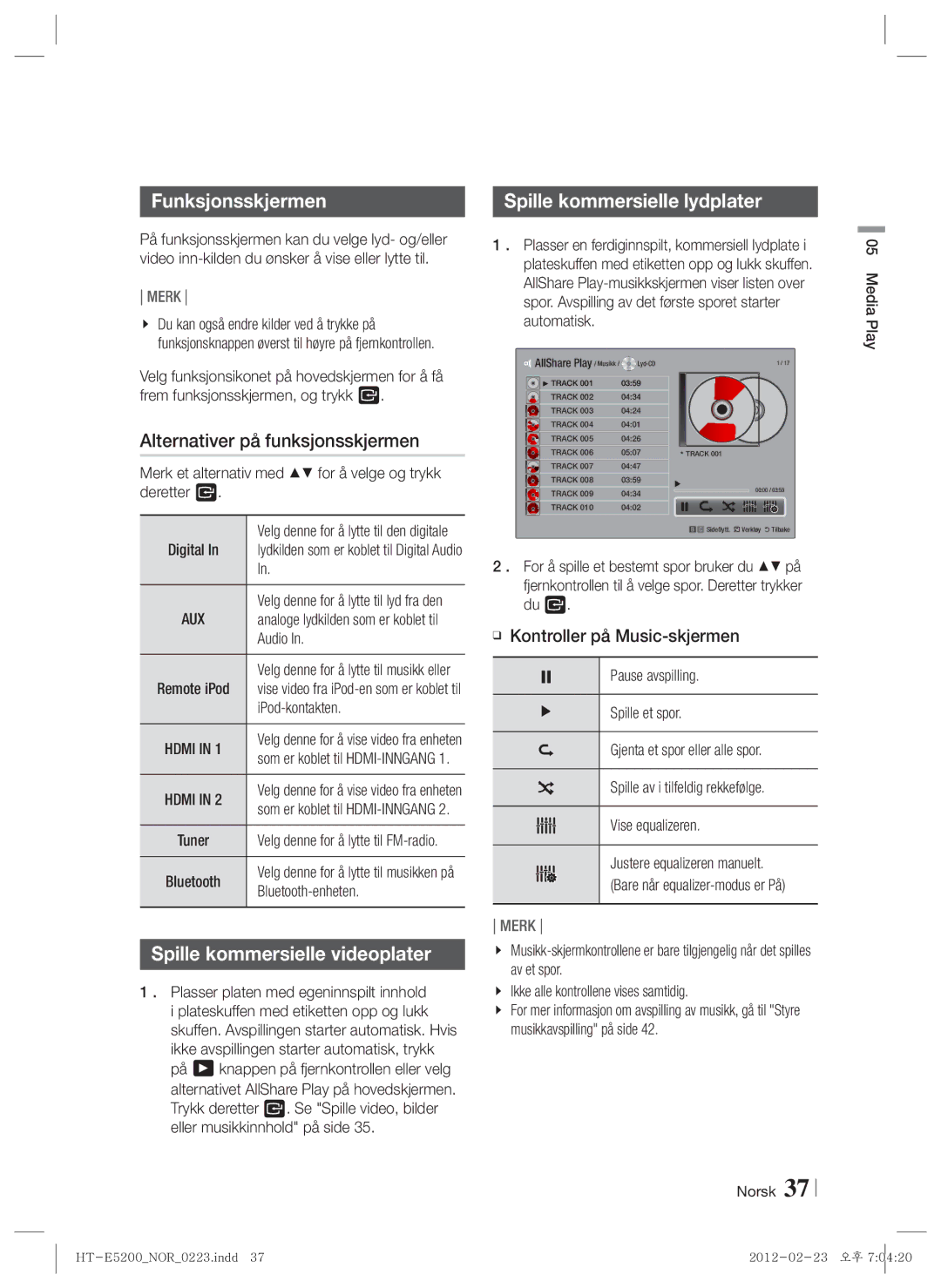 Samsung HT-E5200/XE manual Funksjonsskjermen, Alternativer på funksjonsskjermen, Spille kommersielle lydplater 